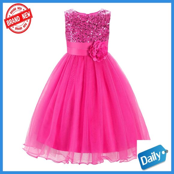 Girls Sequin Mesh Flower Ball Gown Tulle Prom Party Dress